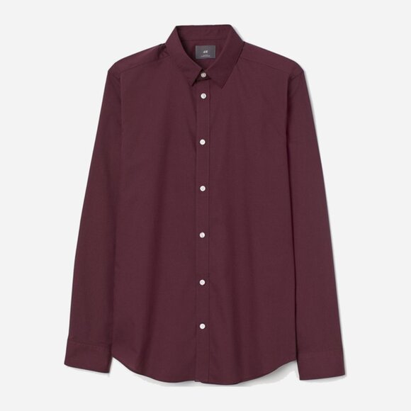 H&M HM | Men Slim Fit Easy-iron Shirt Burgundy Bordeaux Purple size S small - Picture 1 of 3